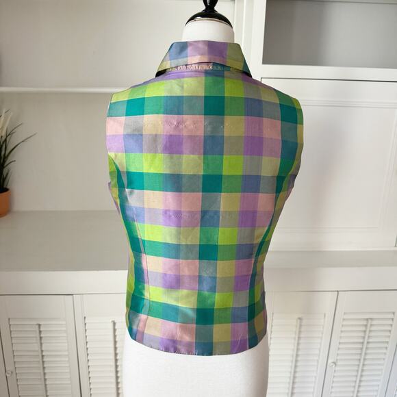 Vintage Halston Checkered Plaid Silk Taffeta Sleeveless Blouse Size S - Picture 4 of 6